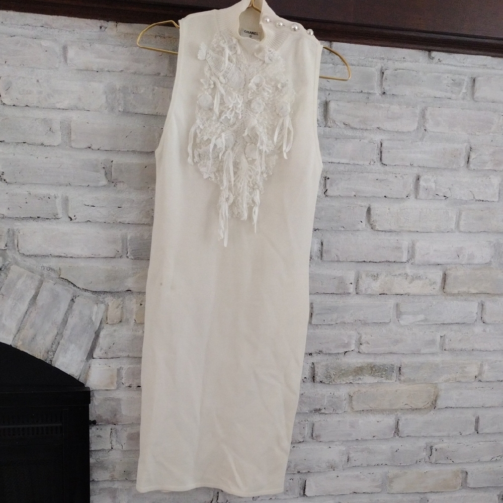 CHANEL White Midi Dress with Lace Accents